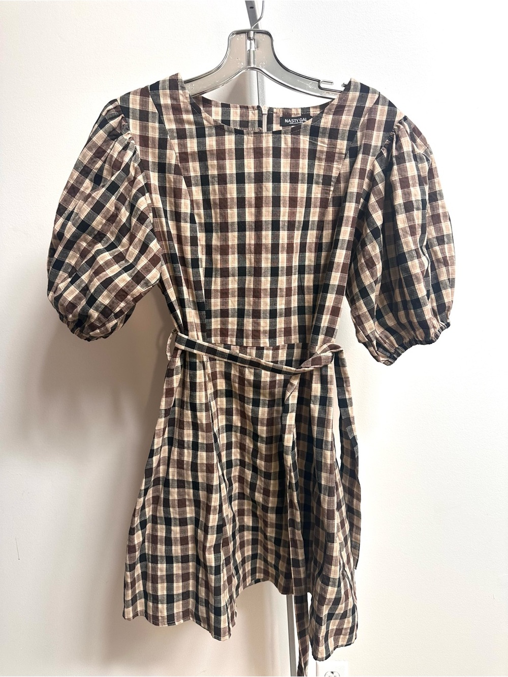 Nasty Gal Brown and Black Plaid Square Neck Mini Dress